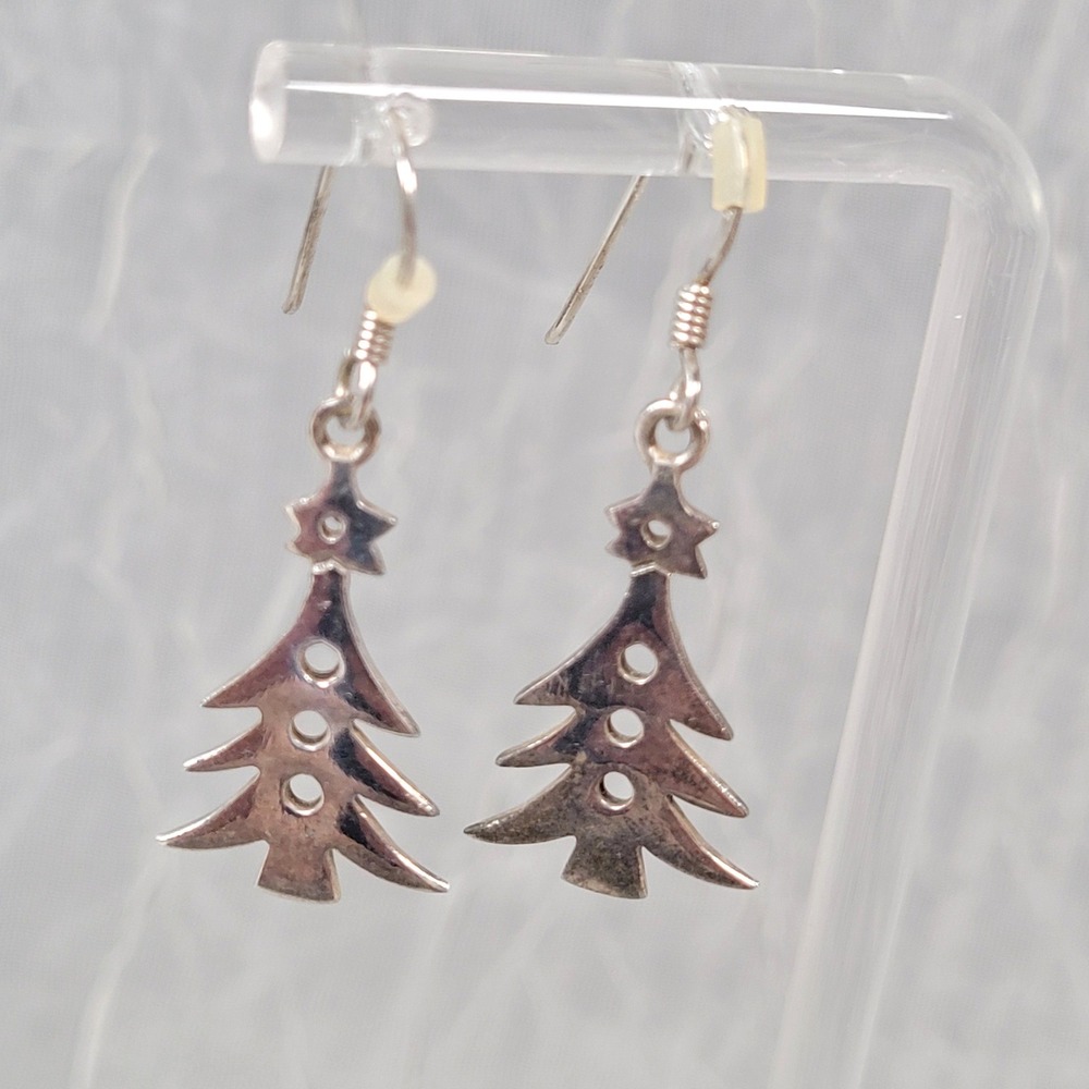 Sterling Silver Christmas Tree Drop Earrings Star Holiday Dangle 925 2.69g